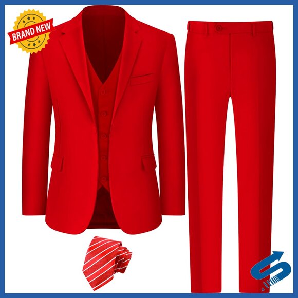 Slim Fit 3-Piece Suit Set with Tie Polyester Blend Formal Wear